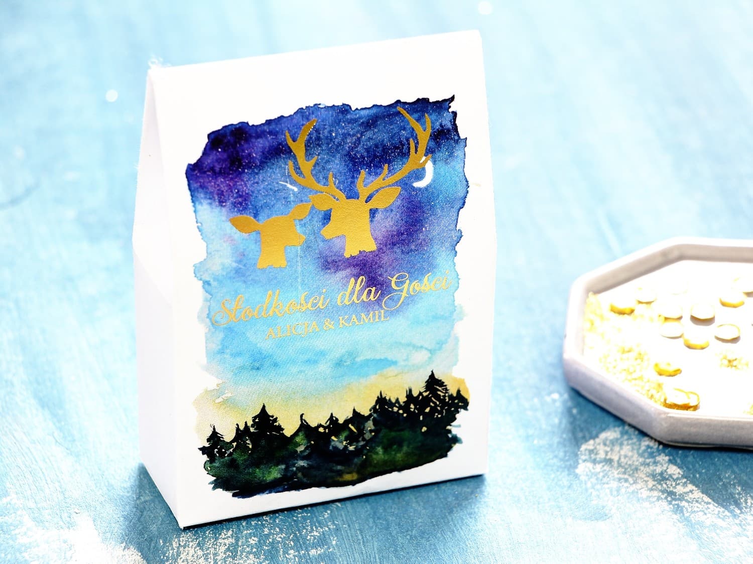 Cajitas con dulces Ciervo Dorado | Detalles invitados motivo bosque | Noche de Luna nº 9