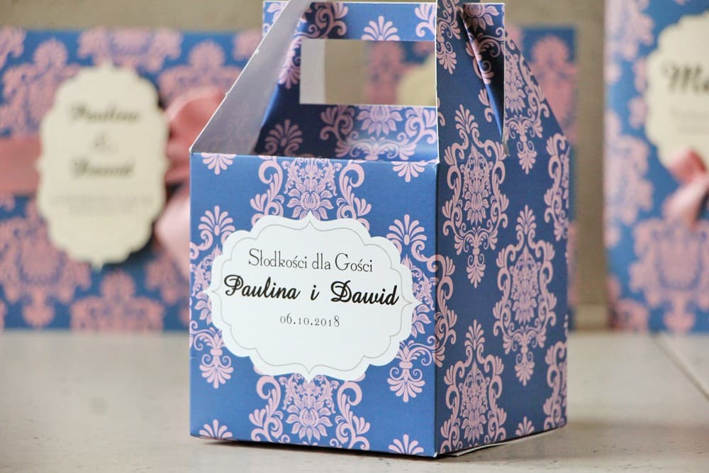 Personalised Wedding Cake Box with Handle, Pink Ornament Design | Sweet Treat Packaging | Ornament No. 10