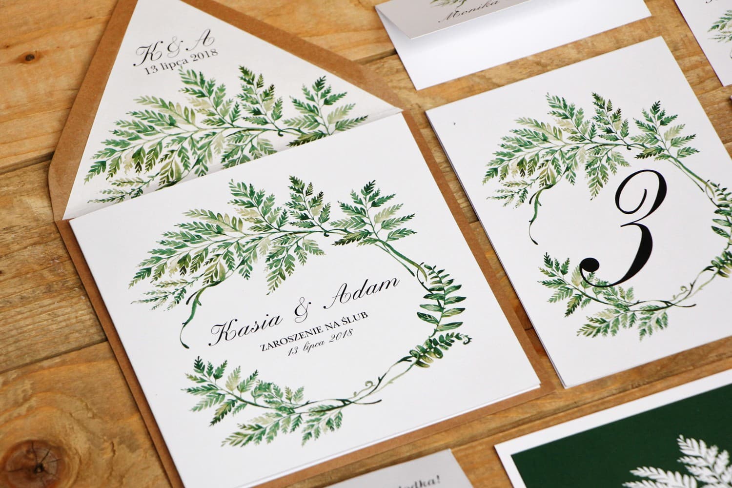 Campione Partecipazione Greenery con Foglie di Felce | Ordina il Design per Valutarlo | Kalia n. 1