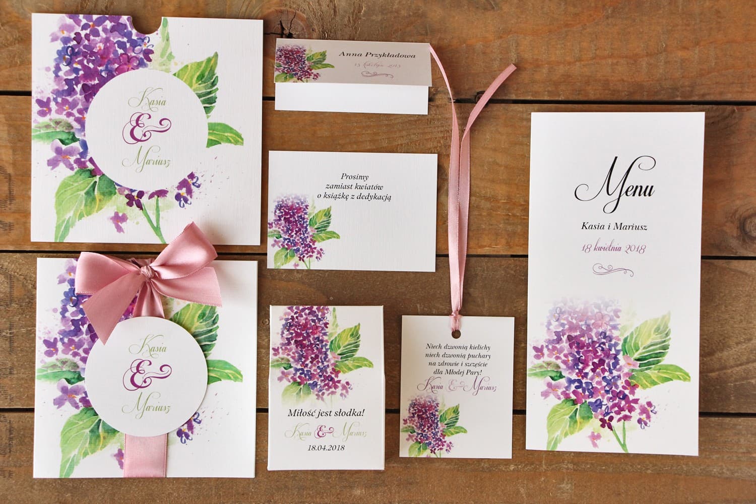 Set completo campioni con invito, menu e segnaposto lillà viola Set campione papeteria nuziale - Fiori Dipinti n. 4