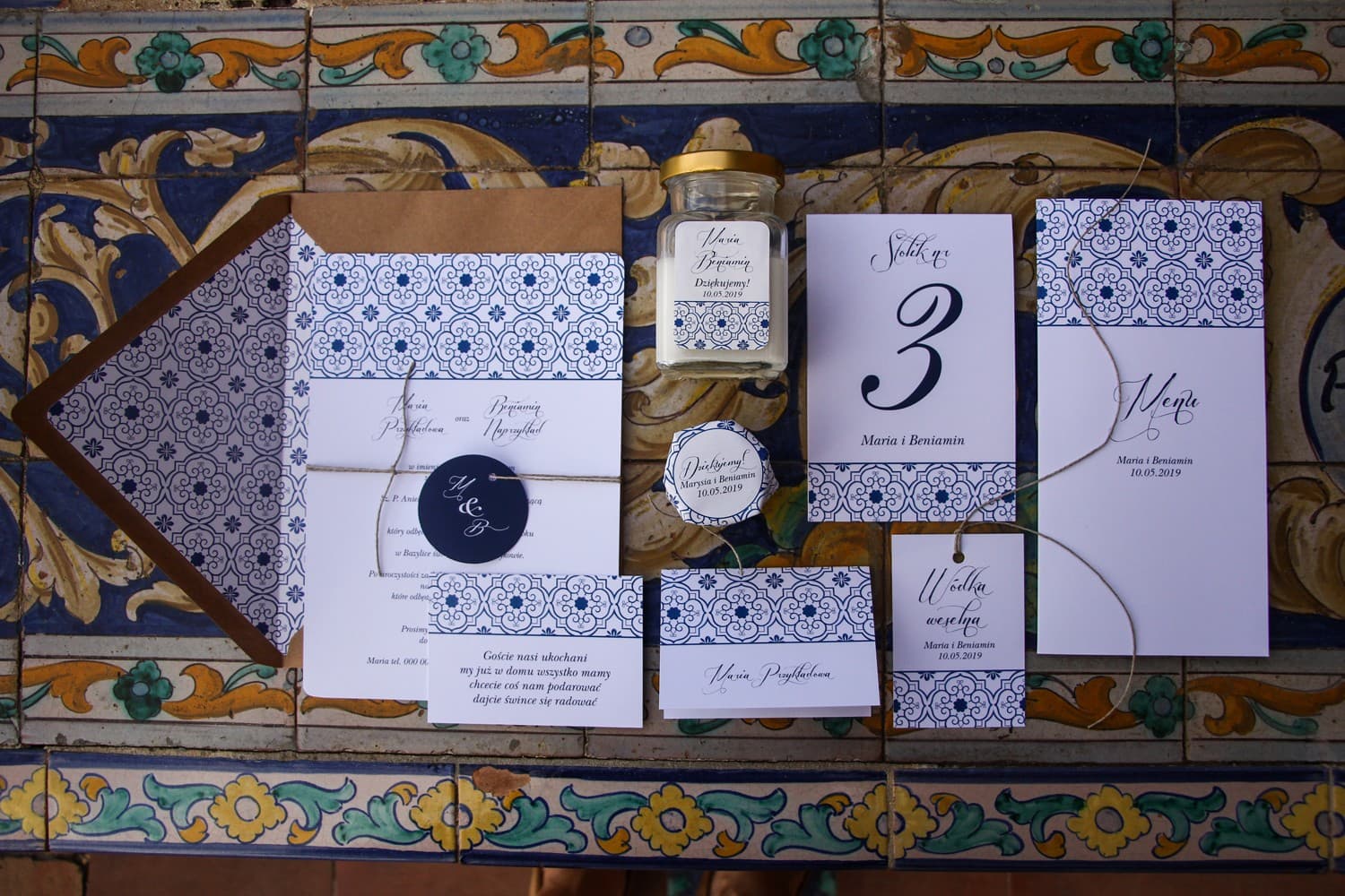 Campioni Partecipazioni Rustiche con Motivo Blu | Set Prova Stazioneria Nuziale | Indygo n. 1