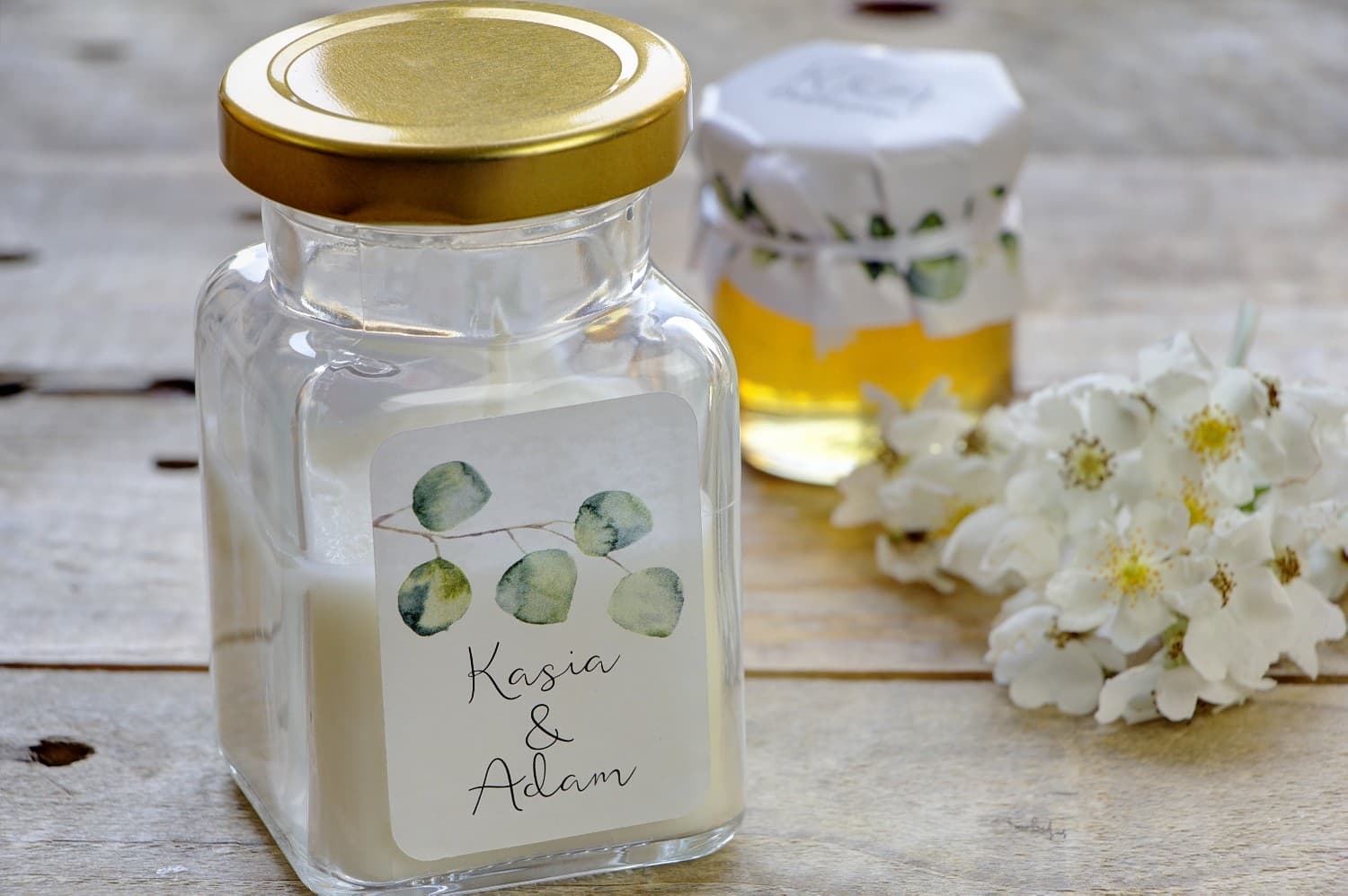 Candele - bomboniere per ospiti e regali per invitati di nozze, in stile greenery con eucalipto