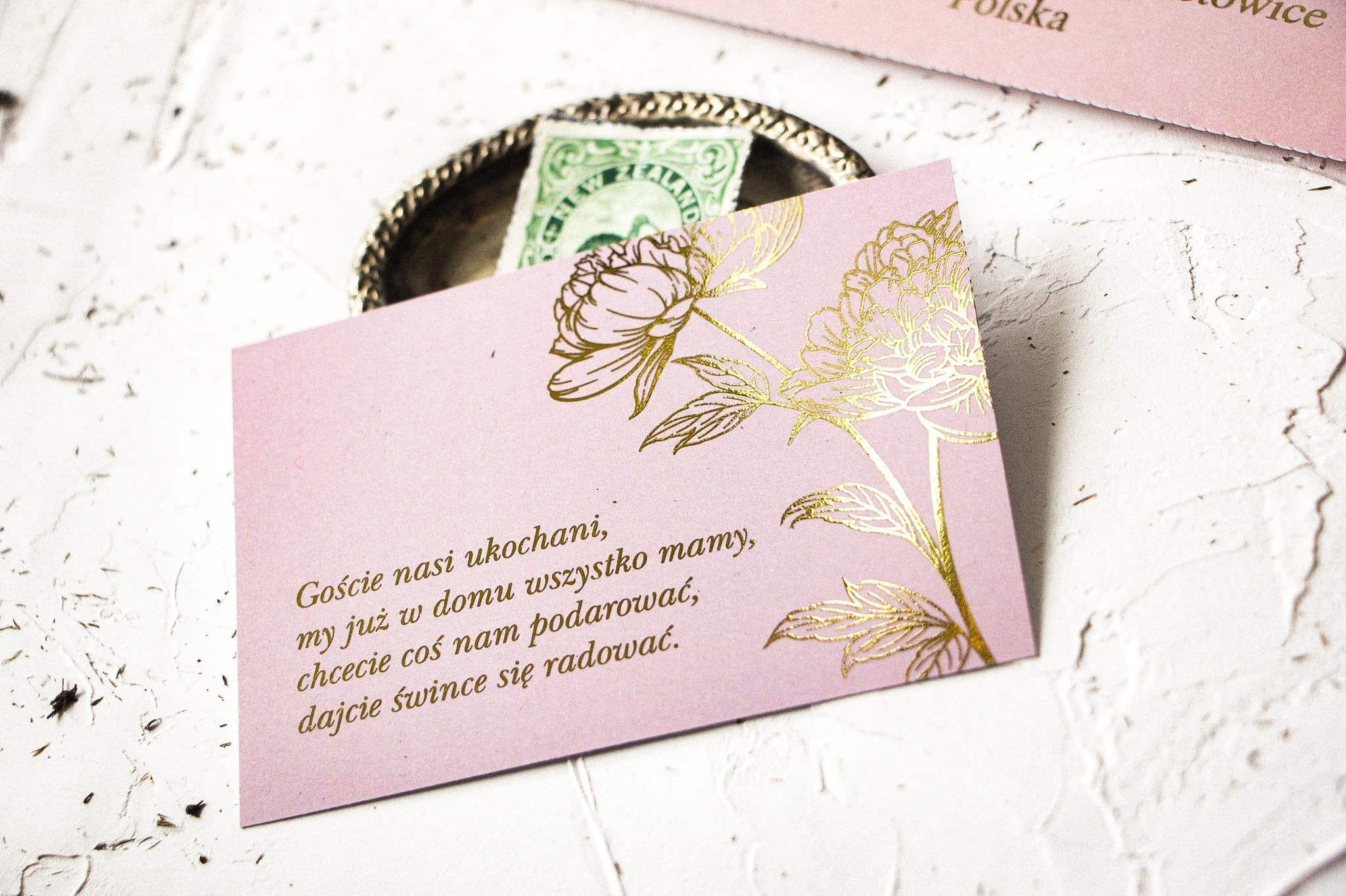 Carte dorée avec pivoines, encart RSVP | Accessoires pour invitations de mariage | Pattern n° 4