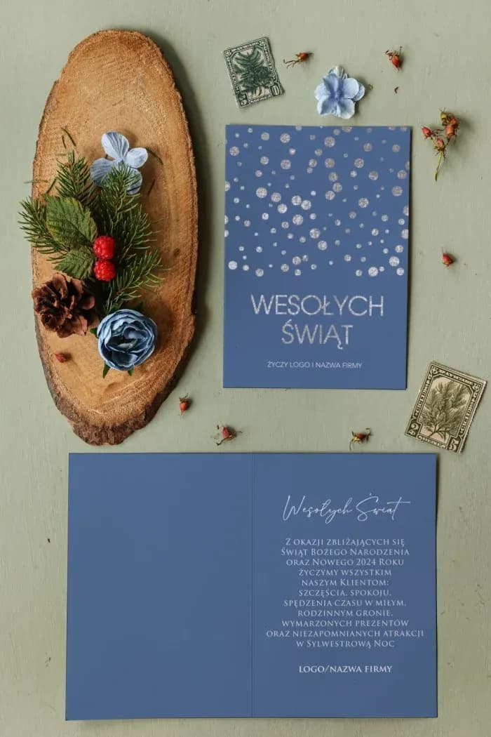 Carte de vœux entreprise bleue et argentée MZ2 Carte de vœux de Noël avec fond bleu et points argentés, personnalisée avec le logo de l'entreprise.