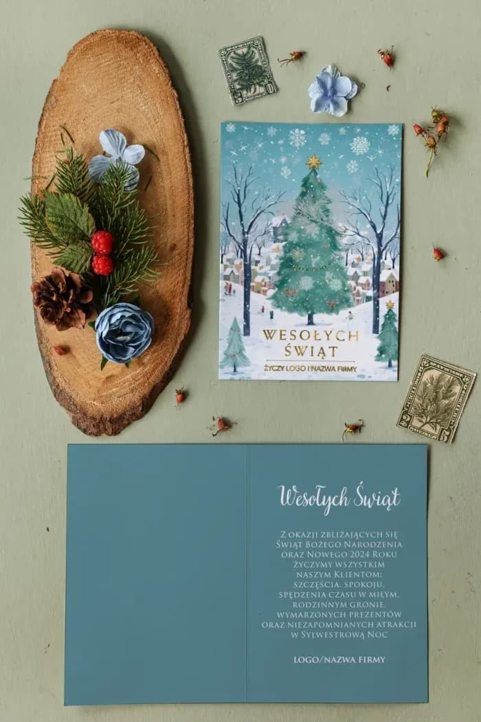 Carte de vœux haut de gamme avec dorure pour entreprises Élégante carte de Noël avec sapin, logo d'entreprise et vœux de fin d'année.