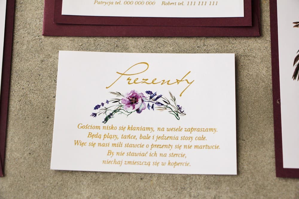 Carte RSVP Cykade n° 1 Carton d'invitation pour cadeaux de mariage - Cykade n° 1 avec dorure et fleurs violettes