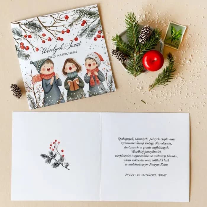 Carte de Noël Entreprise Enfants et Logo Carte de Noël personnalisée avec logo d'entreprise, représentant des enfants chantant dans un paysage d'hiver.