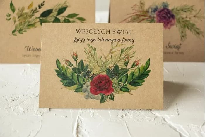 Carte de vœux entreprise écologique CKE5 Carte de vœux écologique avec rose rouge et rameaux verts, personnalisée avec le logo de l'entreprise.