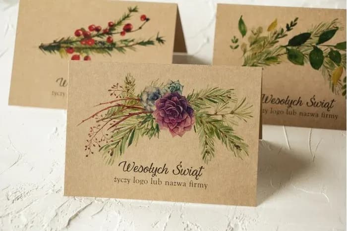 Carte de vœux écologique entreprise fleur violette Carte de vœux personnalisée avec fleur violette et branches vertes, écologique avec logo d'entreprise.