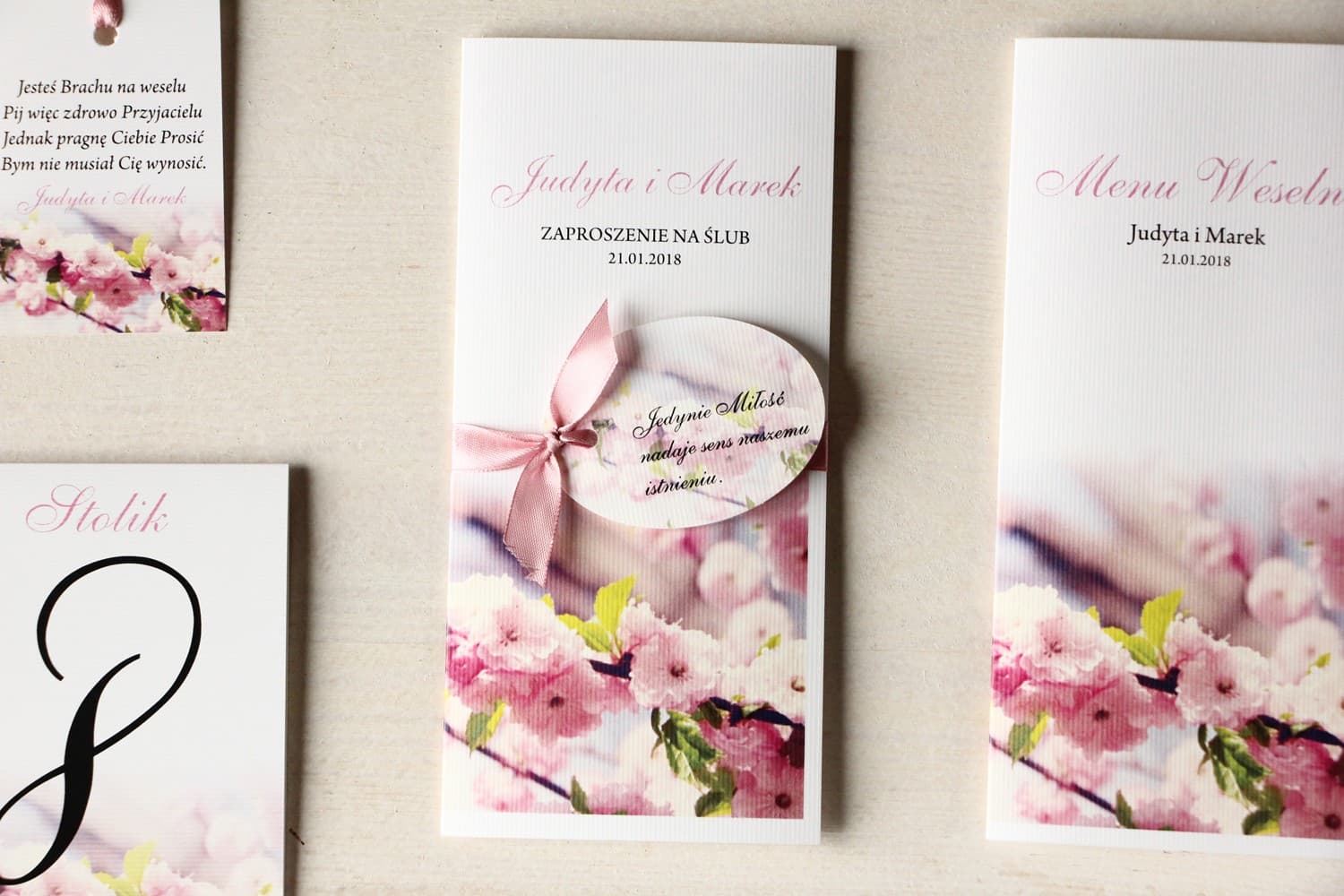 Cherry Blossom Wedding Invitation with Tag and Satin Ribbon | Magnet No. 6