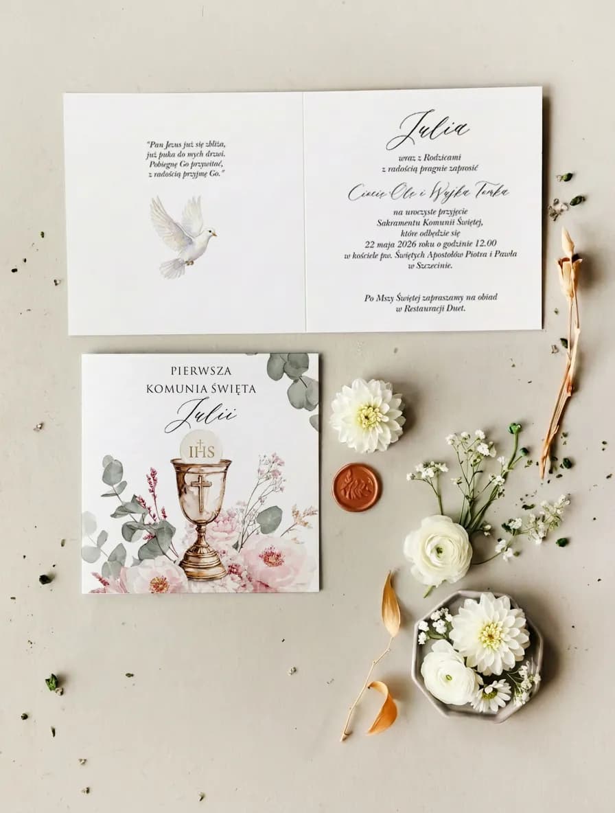 Dove and Flowers First Holy Communion Invitations – Matylda No. 12