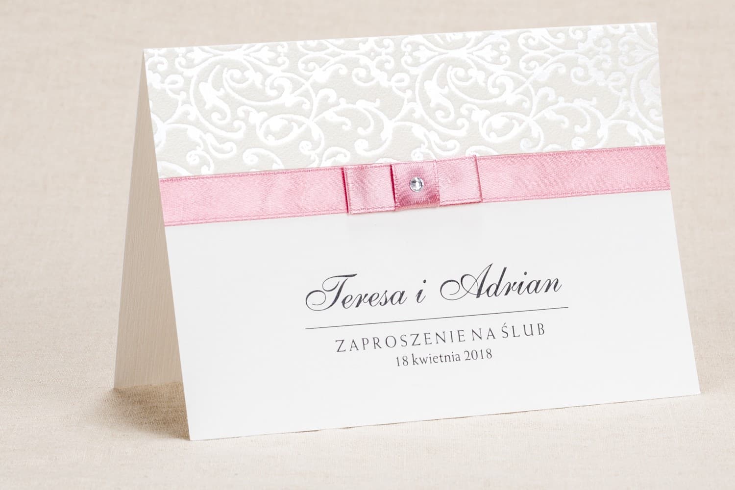 Classic Wedding Invitation with Lace and Pink on Linen Paper – Klaris No. 4