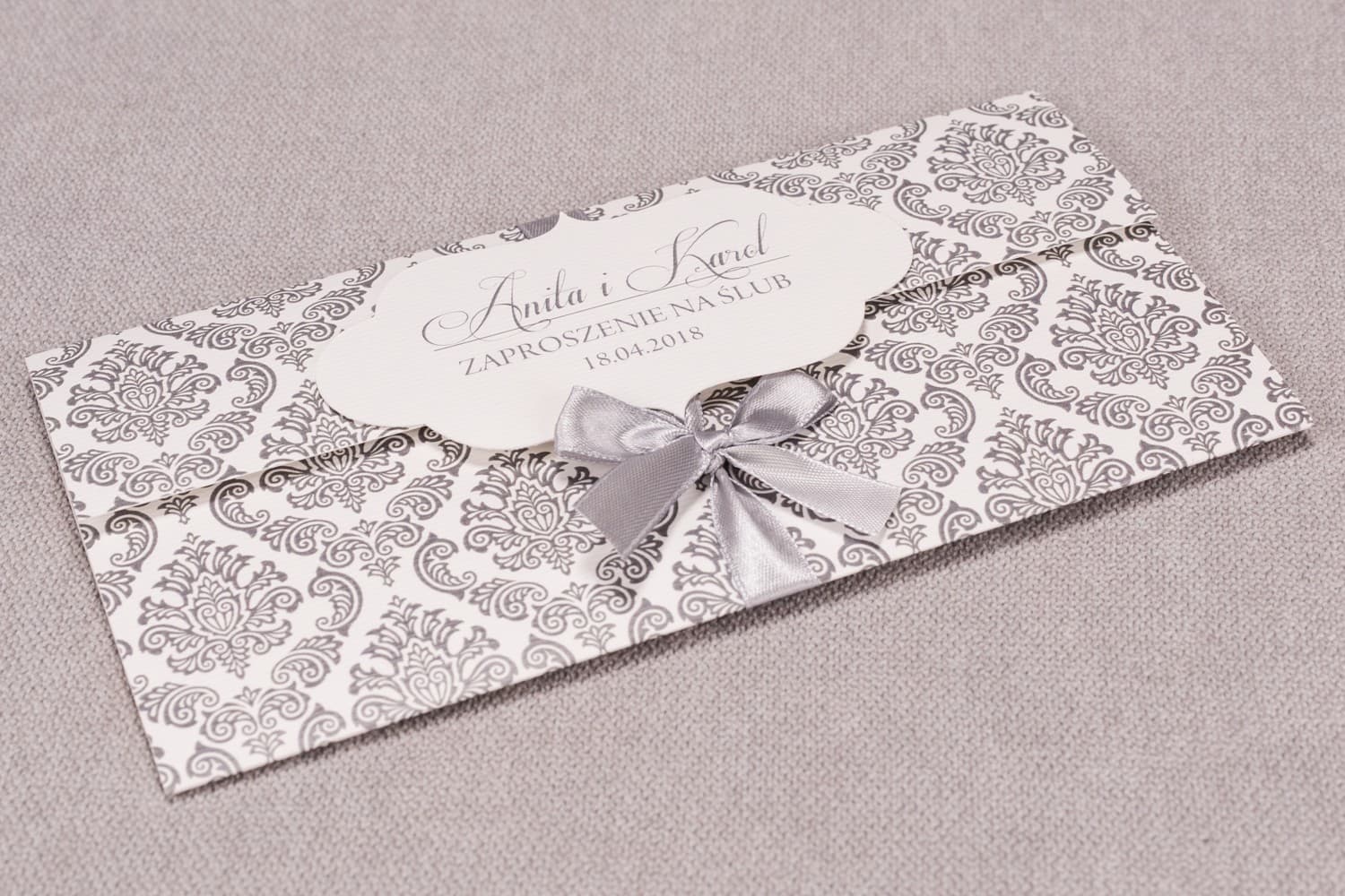 Classic Wedding Invitations with Grey Satin Bow and Delicate Ornament – Madras Design 6