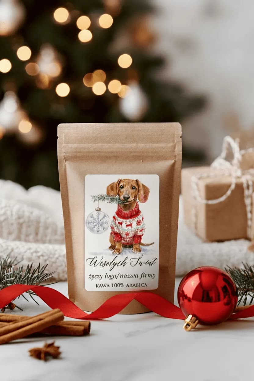 Personalized Christmas coffee for companies with a label featuring a dachshund in a red sweater.