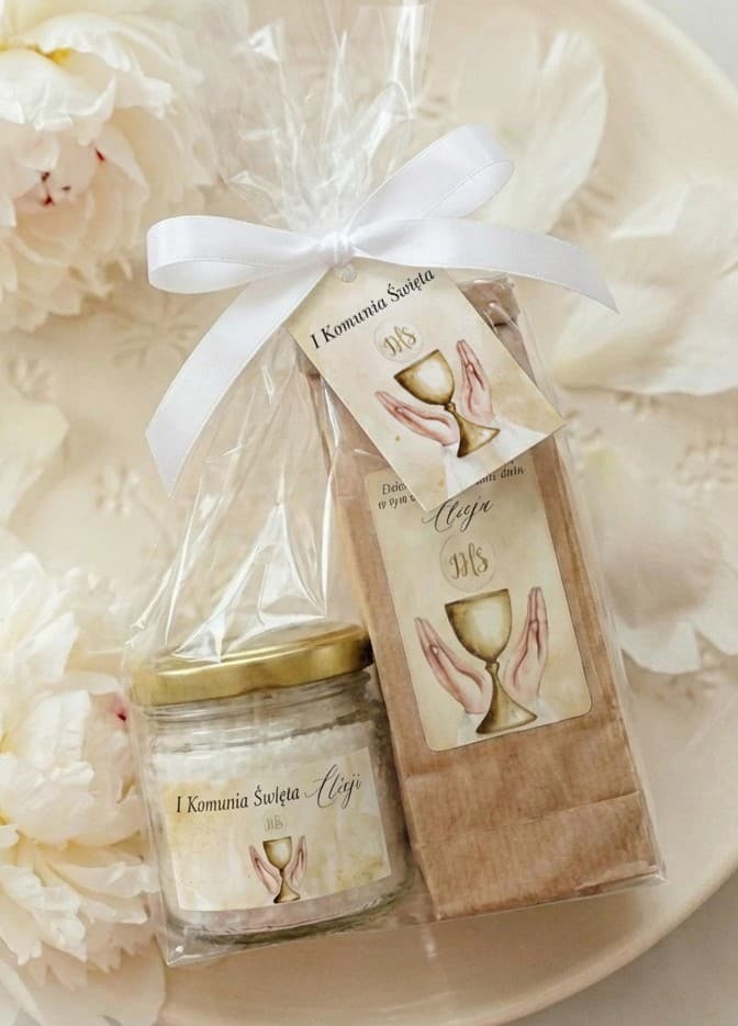 First Holy Communion Favours Tea and Candle Set, Chalice and Hands Symbol | Matylda No. 16
