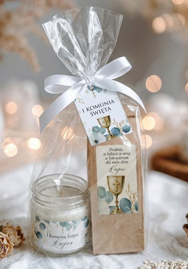 Communion Gifts Tea and Candle Set, Blue-Green Flowers & Chalice | Matylda No. 11