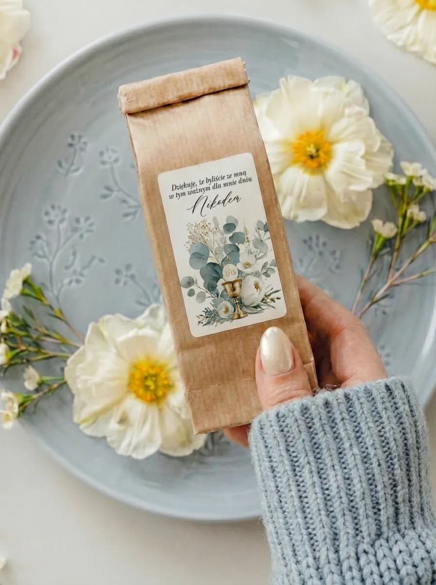 First Holy Communion Tea Favour, Botanical Eucalyptus Label | Matylda No. 13