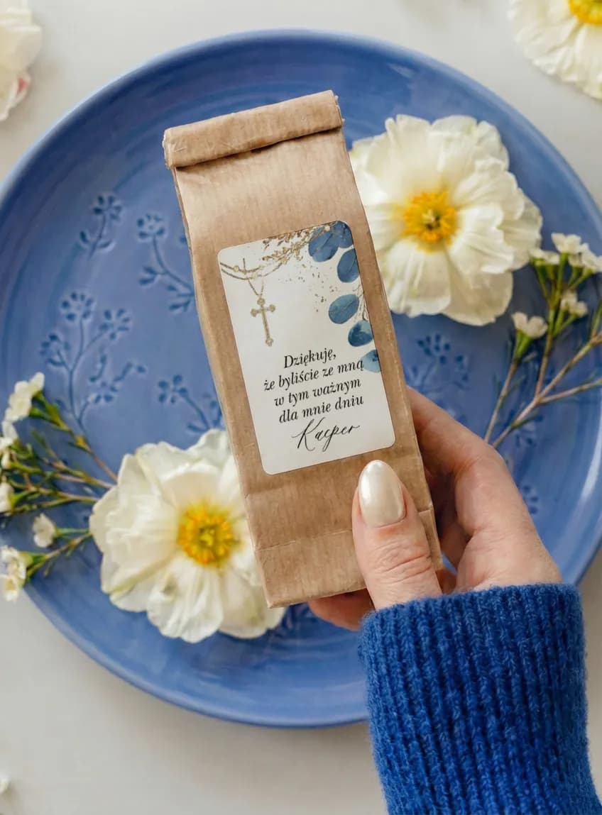 Communion Tea in Kraft Bag with Elegant Blue Label and Cross | Matylda No. 9