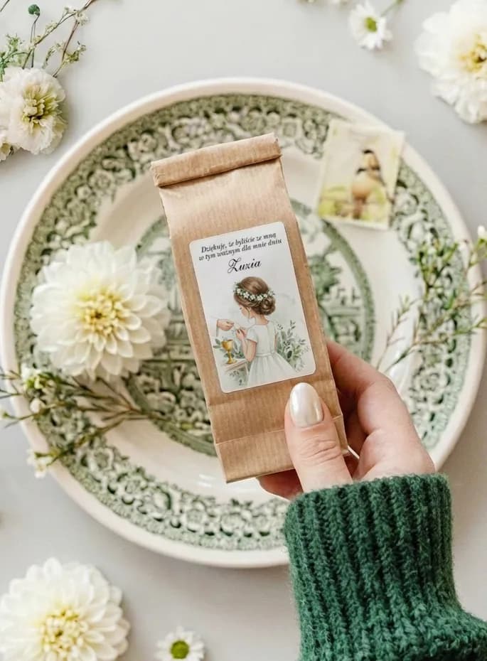 Communion Tea in Kraft Bag with Girl Illustration | Communion Favours | Matylda No. 19