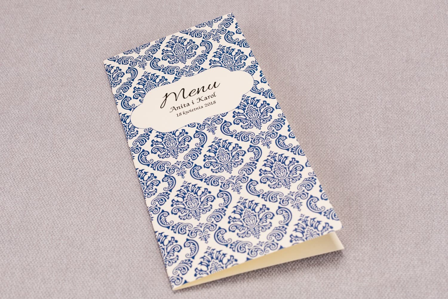 Elegant Cornflower Blue Ornament Wedding Menu | Madras No. 2