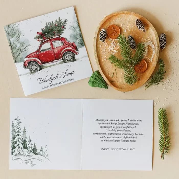 Corporate Christmas Cards with Retro Red Car | Business Holiday Cards with Logo | KZ6