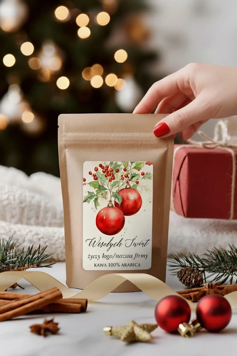 A woman holding a corporate Christmas gift – personalized coffee with a custom print against a Christmas tree background.