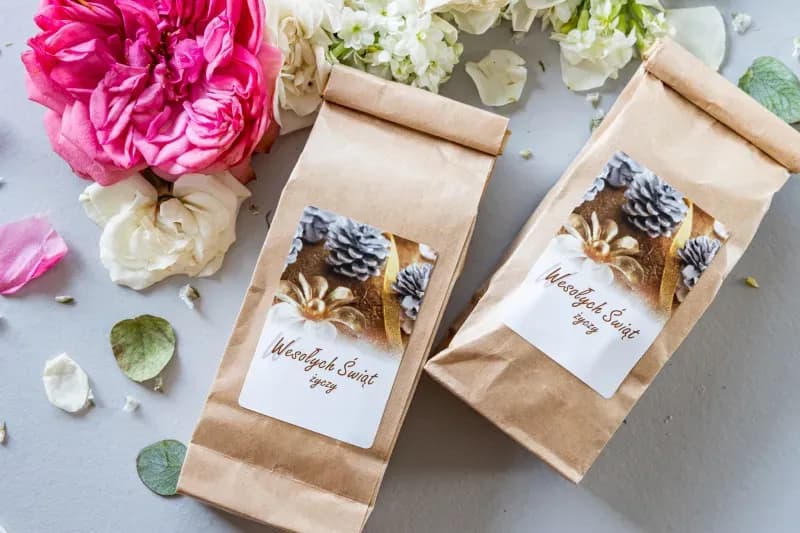 Promotional tea with logo in natural kraft packaging, Christmas graphics with gold accents