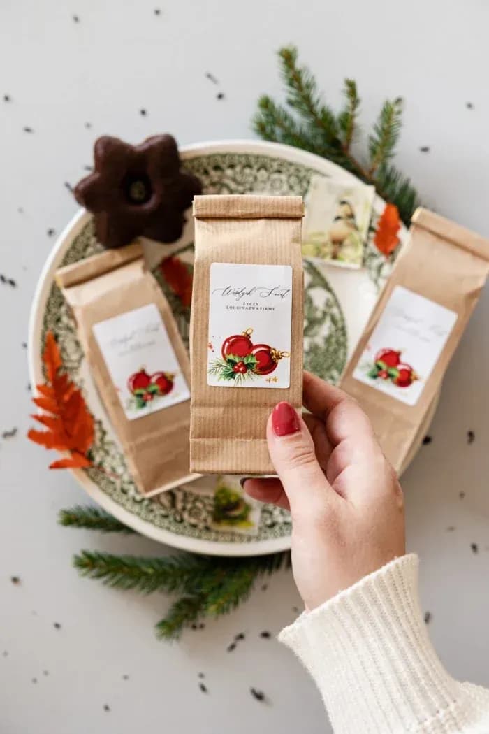 Tea in a kraft bag with a label featuring red baubles and green pine needles