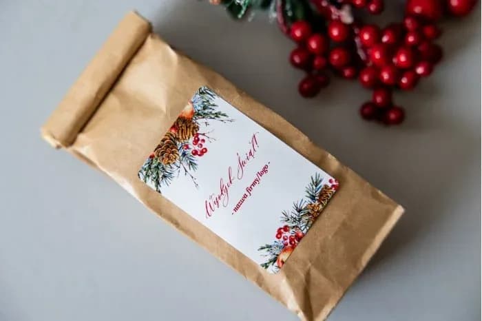 Aromatic tea with a personalized label in natural shades of brown, green, and red