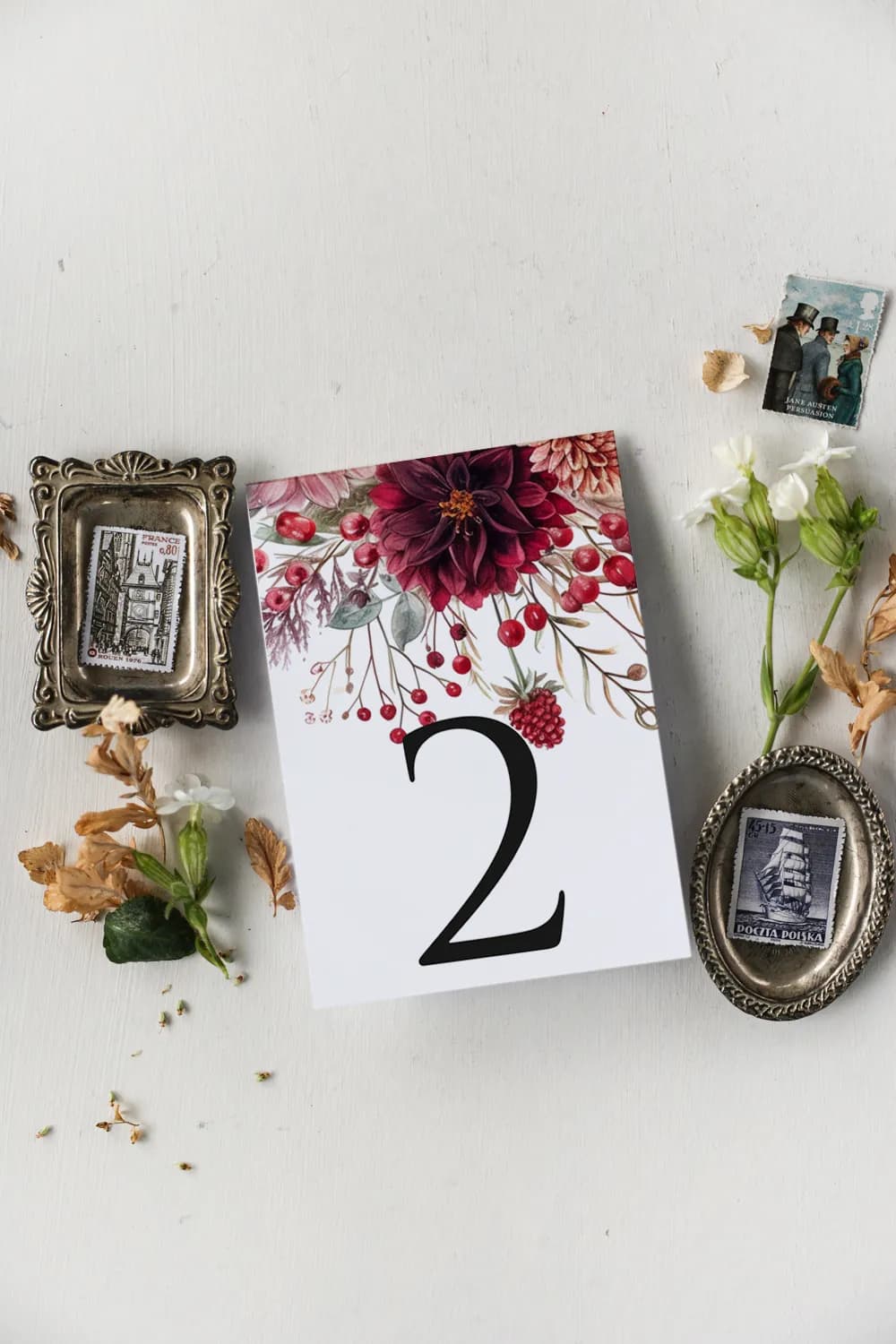 Elegant Burgundy Floral Wedding Table Numbers | Glamour Table Cards | Impresja No. 6