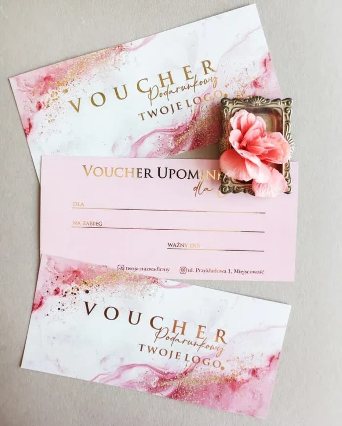 Gift voucher with a pastel pink marble background and elegant gold foiling, ideal for beauty services.