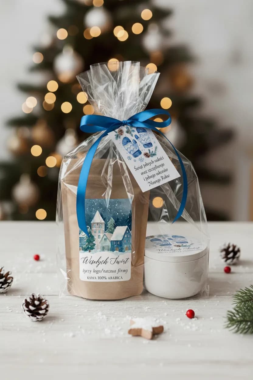 Set navideño de negocios con café y vela de soja, envuelto en celofán con lazo azul ante un árbol de Navidad.