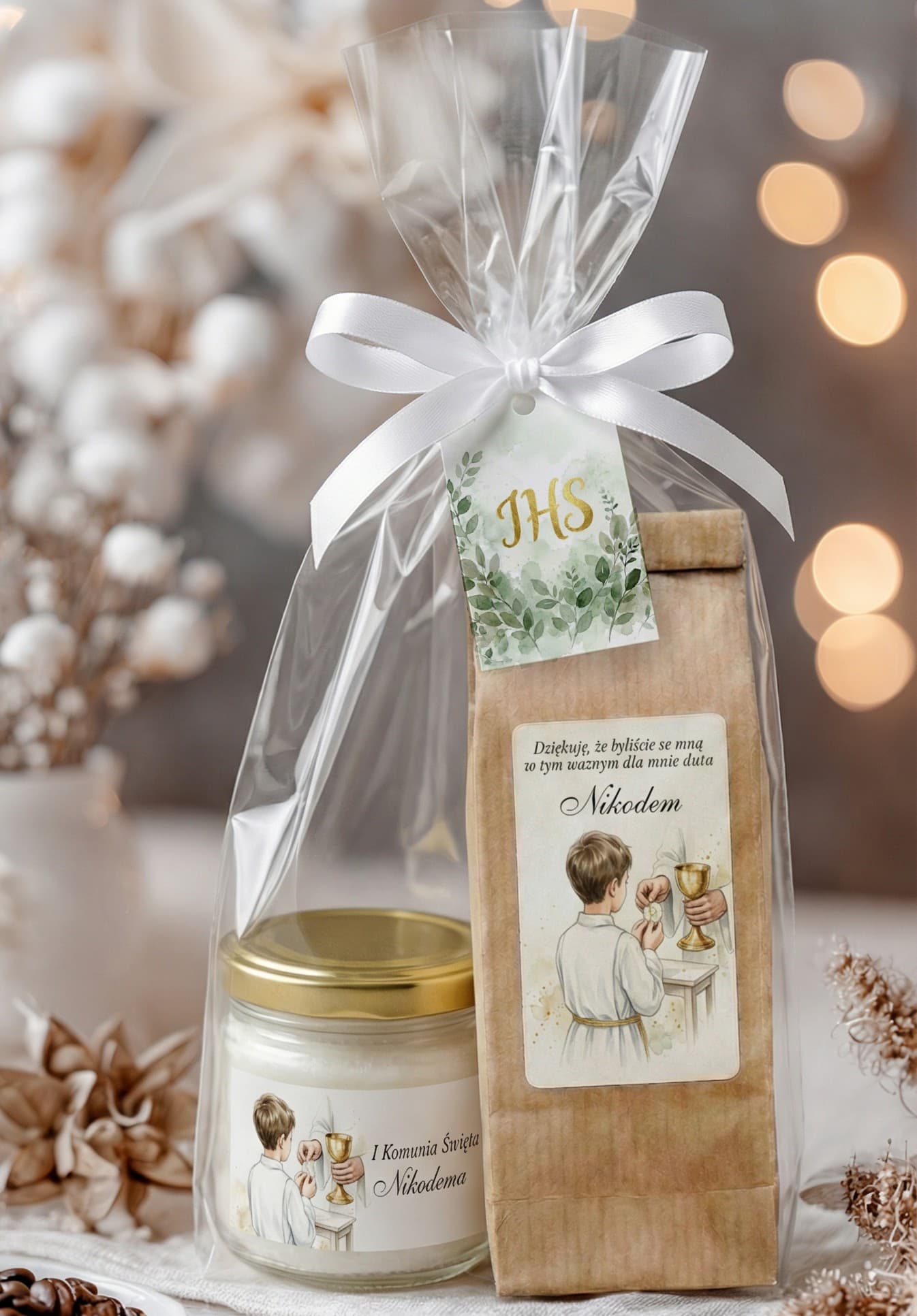 Detalles de Comunión para invitados – set de té y vela con ilustración de niño