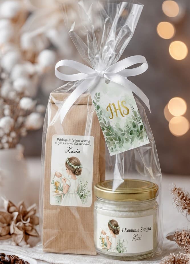 Set de comunión té 50 g y vela con ilustración de niña y vegetación