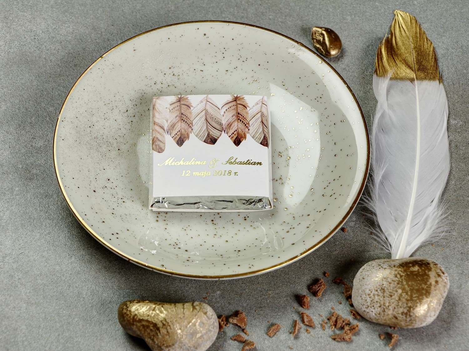 Chocolates de Boda Dorados con Plumas Boho | Detalles para Invitados | Sorento nº 10