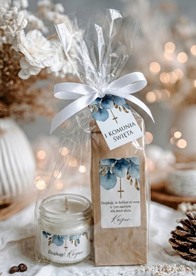 Detalles de comunión para invitados – set de té y vela con flores azules