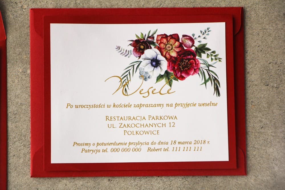 Gold Foiled Wedding Invitation Insert with Burgundy Flowers, Information Card | Cykade No. 7