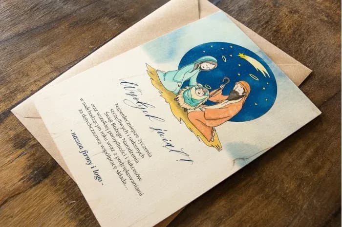 Personalizowana kartka świąteczna z logo firmy, wykonana na ekologicznej drewnianej sklejce