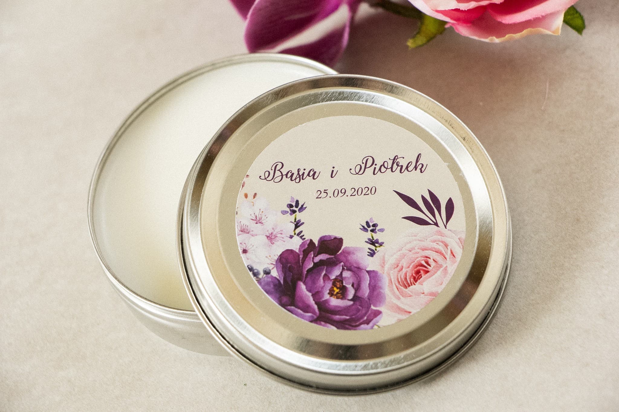 Personalisierte Duftkerze in der Dose mit Lavendel | Gastgeschenke Hochzeit | Korani Nr. 5