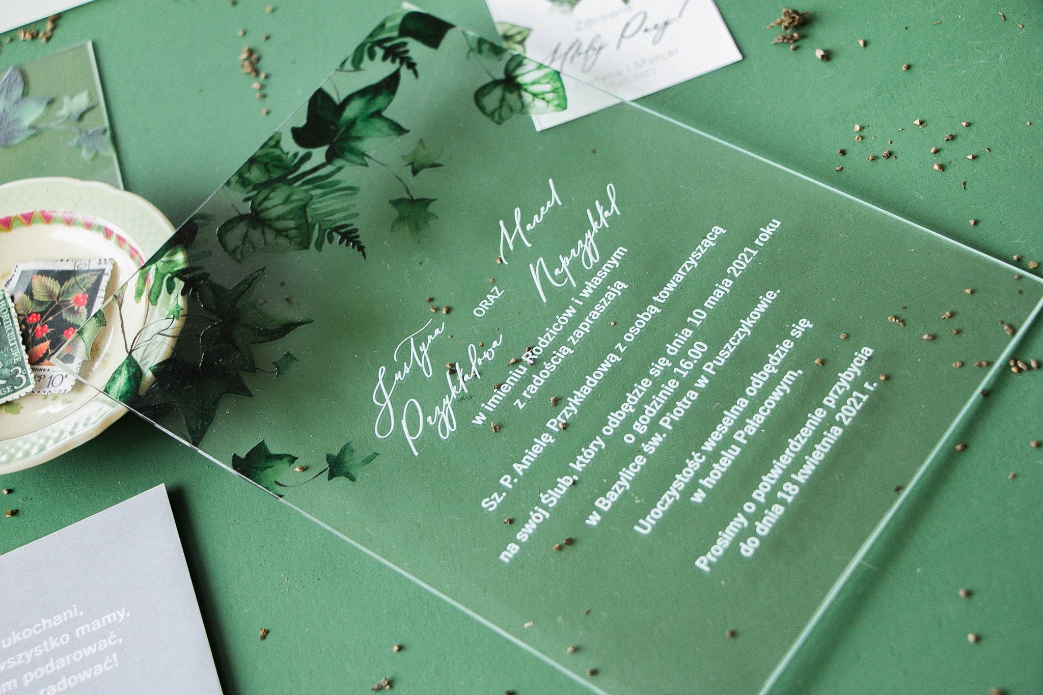 Échantillon Faire-part sur Verre Véritable Greenery | Modèle Invitation Mariage | Soft n° 2