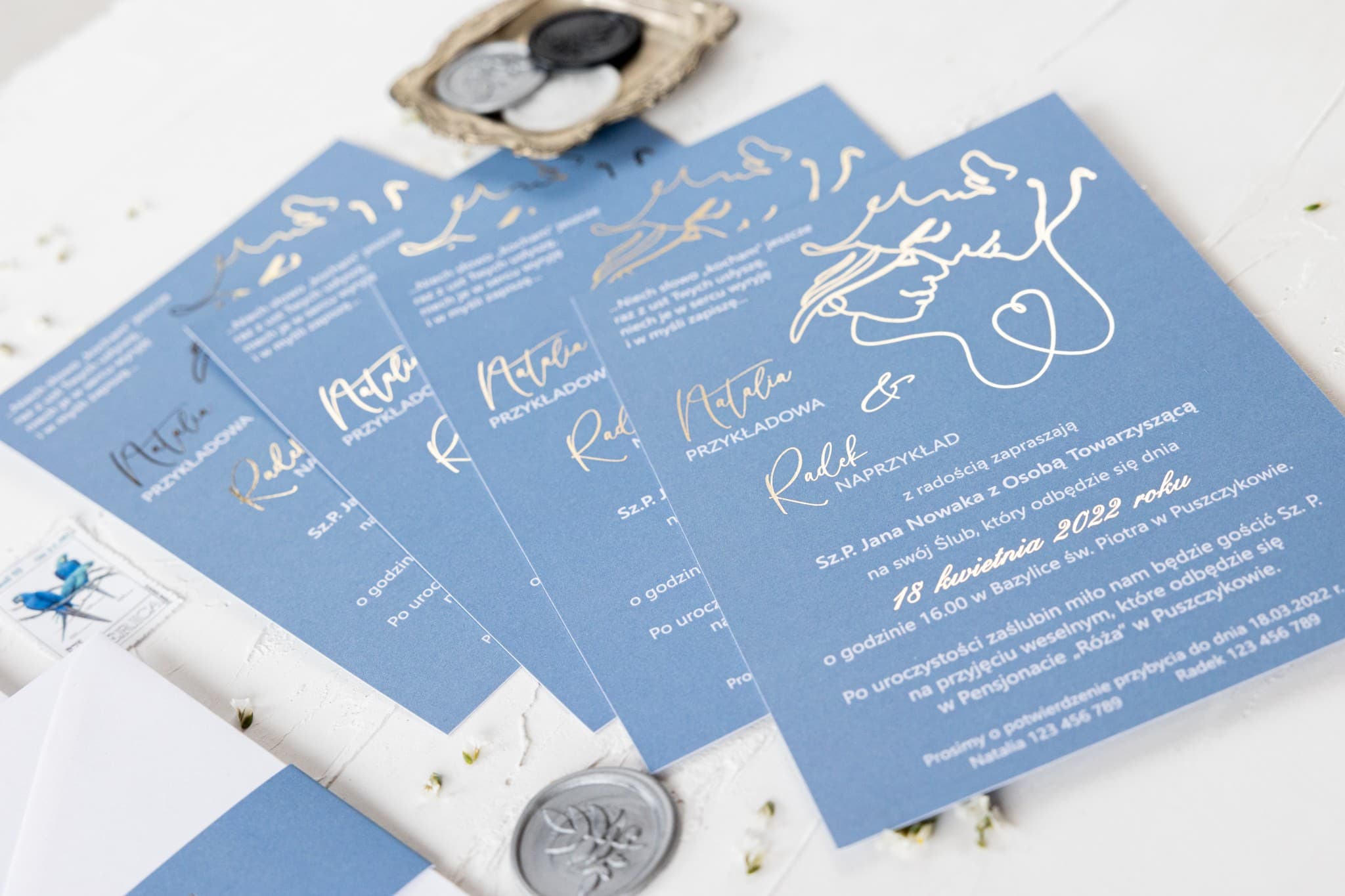 Échantillon d'invitation de mariage Dusty Blue avec dorure - Jaspis n° 4
