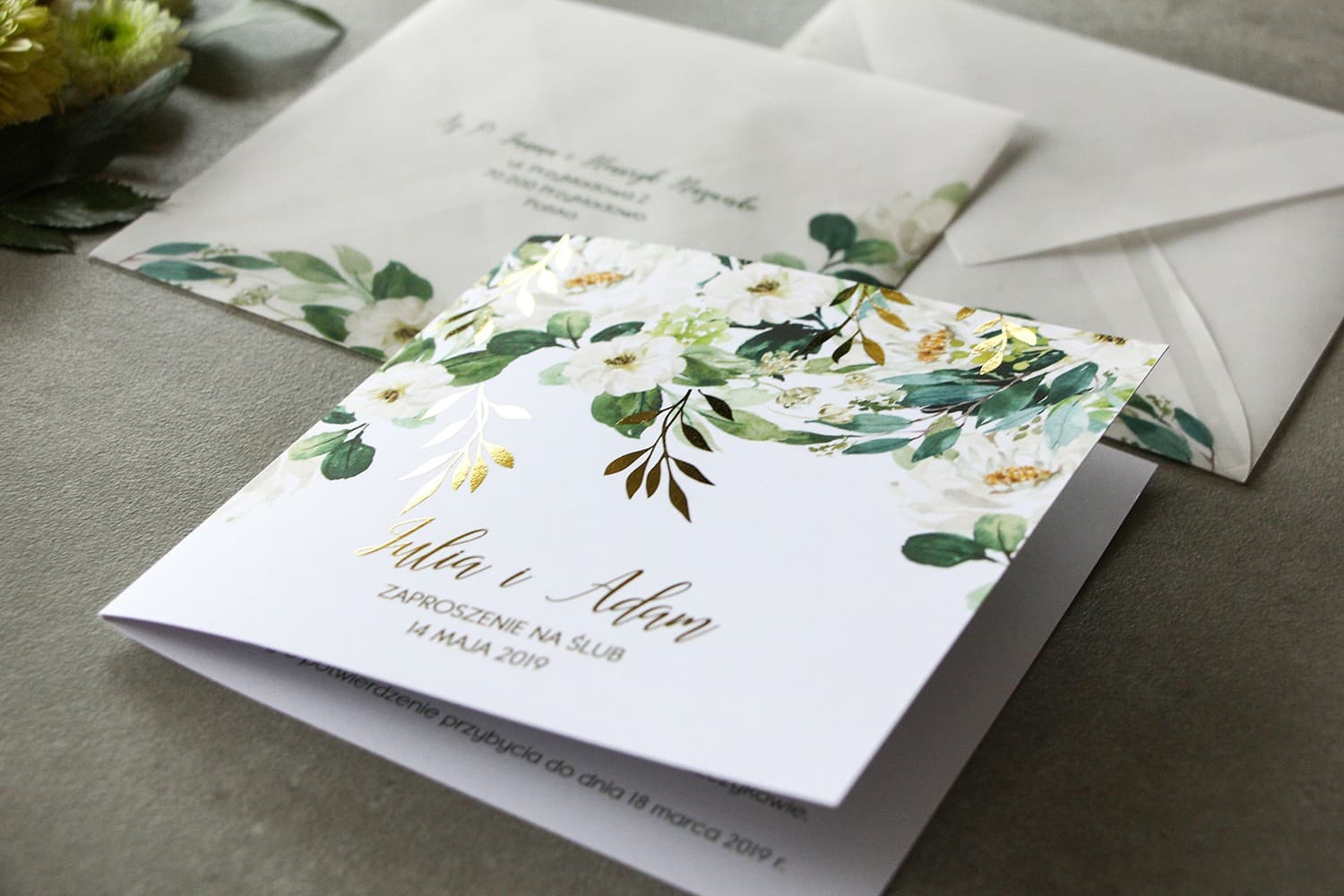 Échantillon d'Invitation de Mariage Rubin n° 1 – Style Glamour et Rameaux Dorés