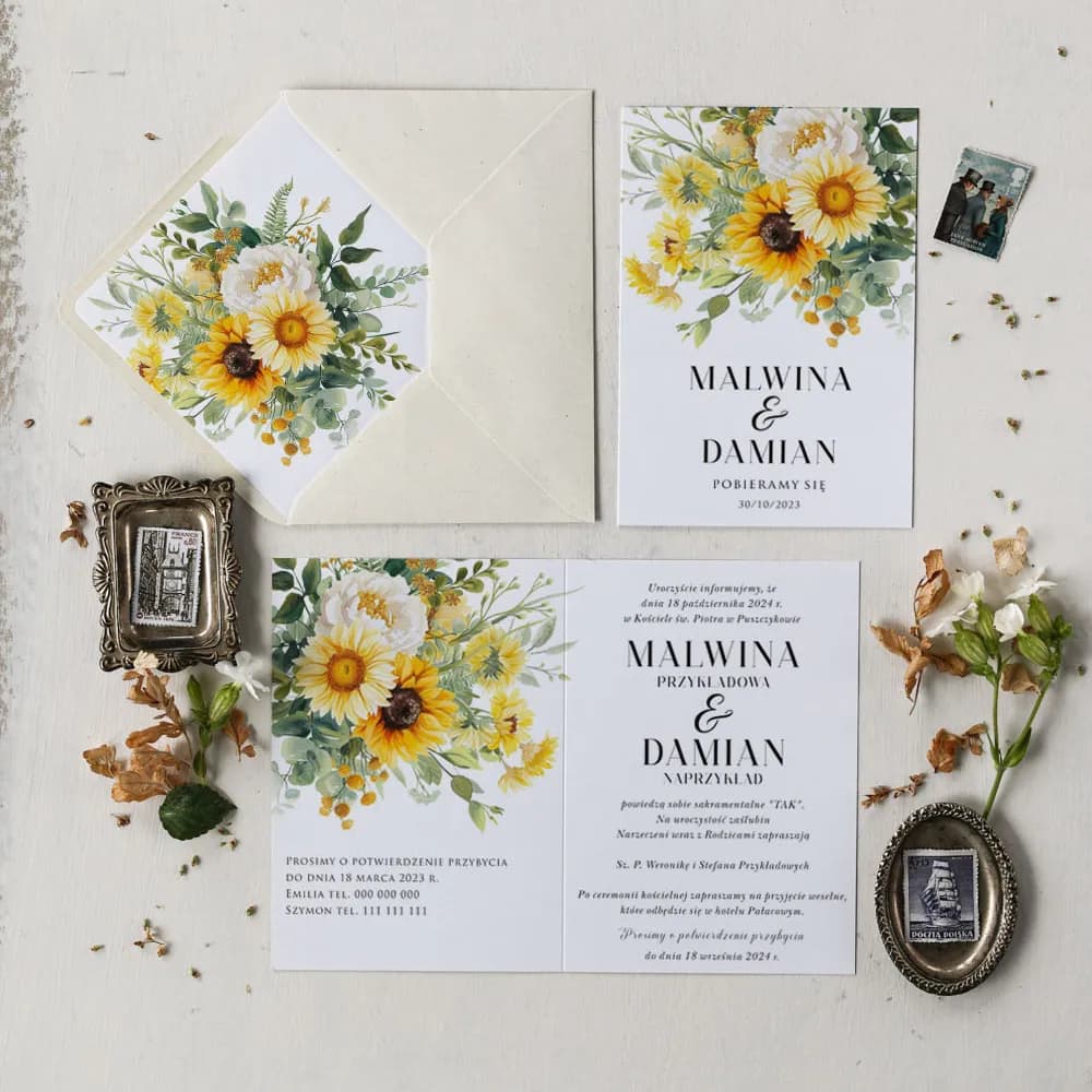 Échantillon d'invitation de mariage tournesols – Impresja n° 5
