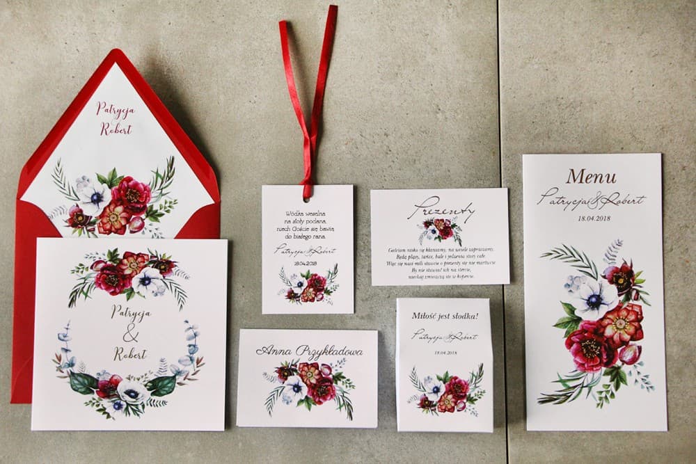 Échantillons de Papeterie de Mariage avec Fleurs Bordeaux, Dorés | Set d'Échantillons d'Invitations | Cykade n° 7