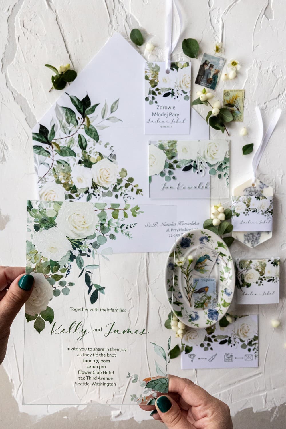 Kit d'échantillons d'invitations sur verre acrylique avec marque-place et menu Korani n° 12