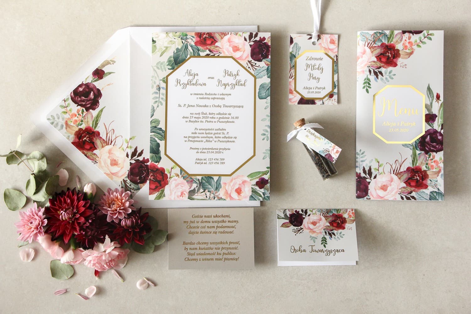 Kit d'échantillons d'invitations avec pivoines, dorure | Échantillons faire-part de mariage glamour | Lotus n° 5