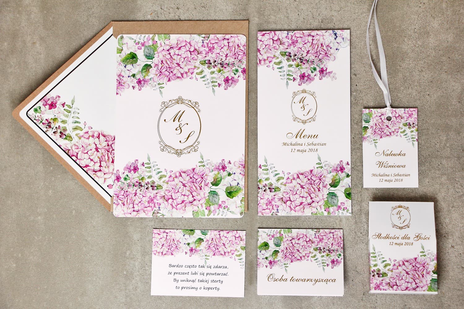 Échantillons d'Invitations de Mariage Hortensias Roses Dorés | Kit d'Échantillons Papeterie | Sorento n° 6