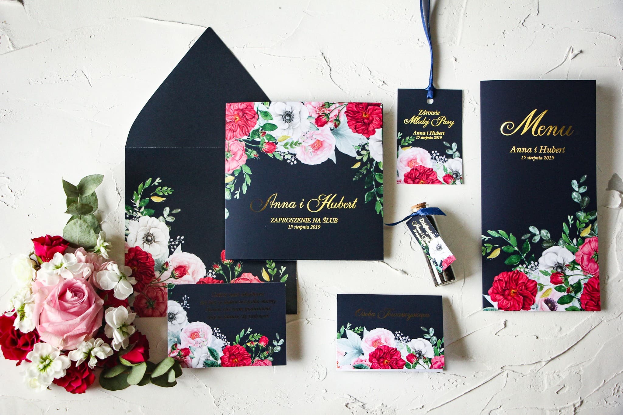 Échantillons d'Invitations de Mariage Bleu Marine et Or | Kit d'Échantillons de Papeterie | Szafirowe n° 4