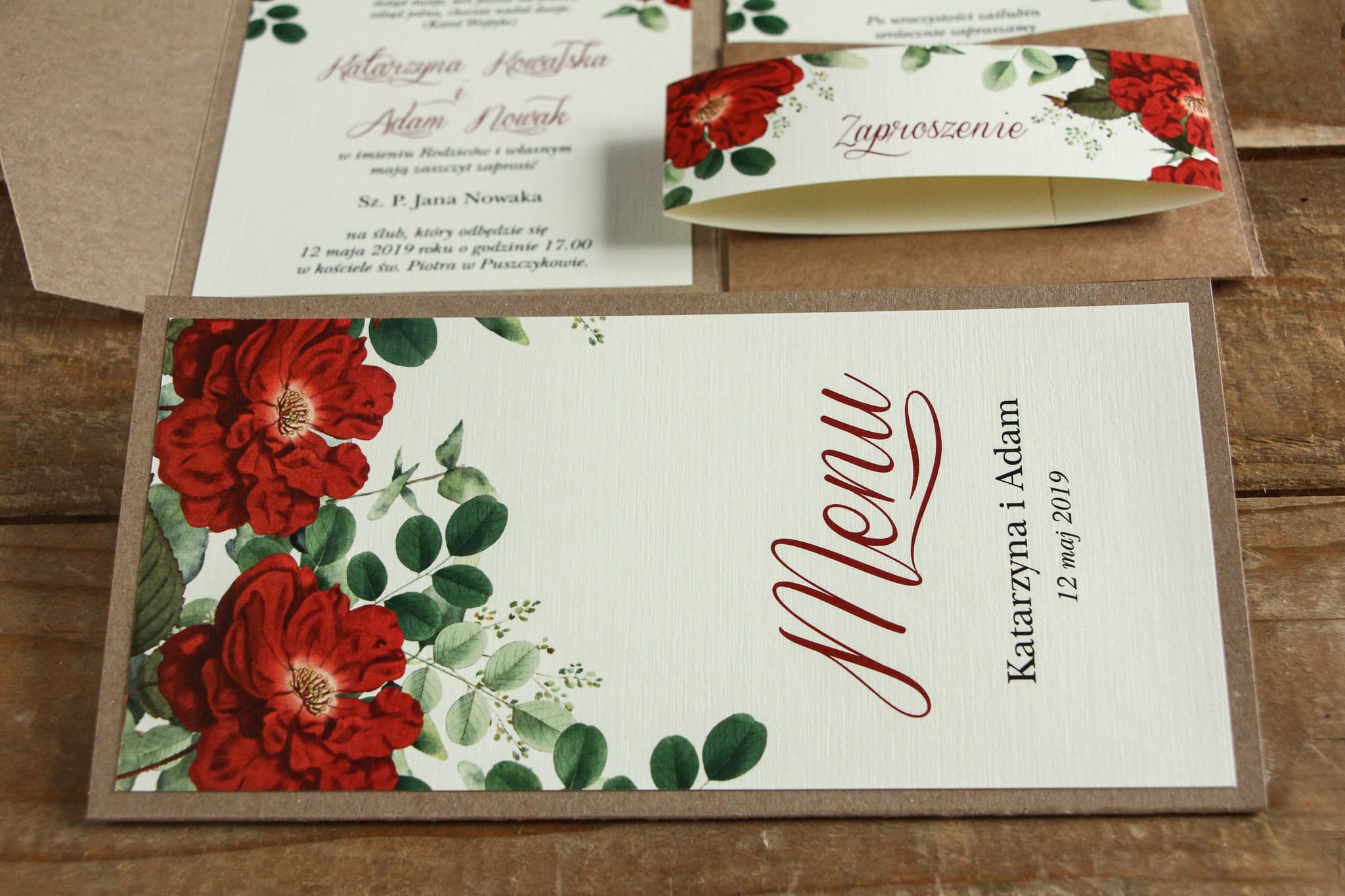 Stylish Kraft wedding menu with a red rose motif, ideal for eco-weddings, Design No. 4