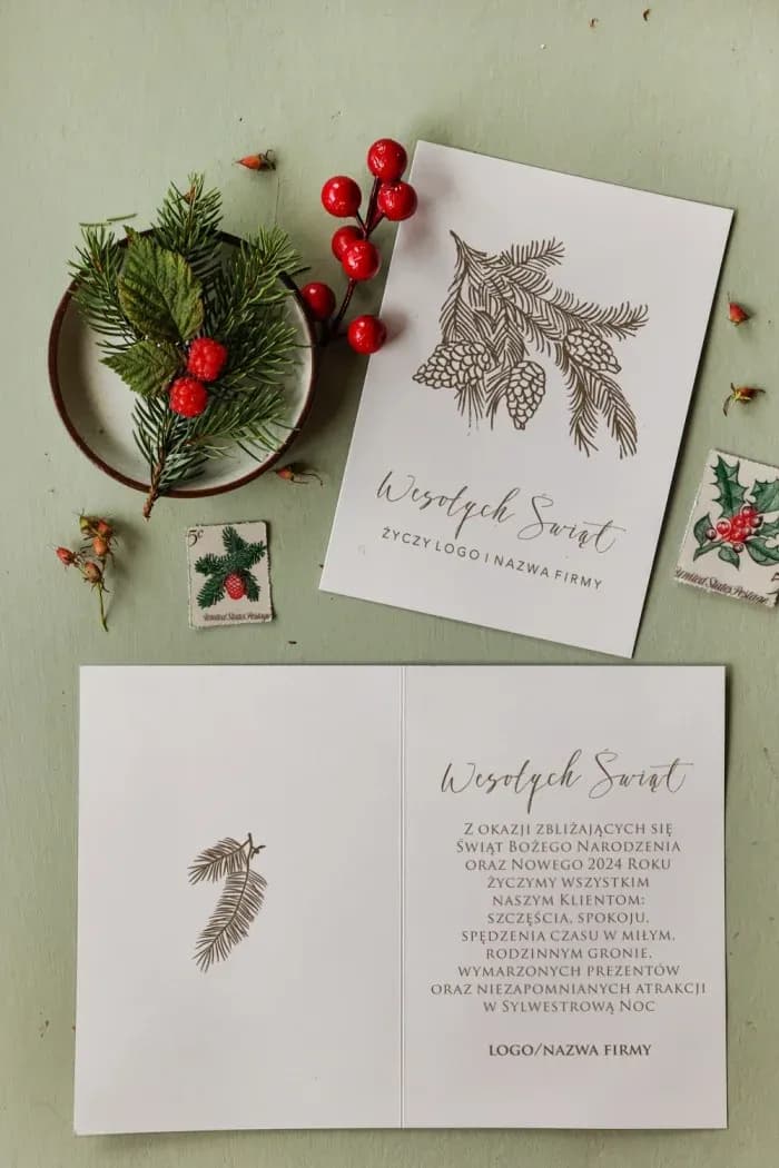 Elegancka kartka świąteczna biznesowa z grafiką brązowej gałązki na sztywnym papierze.